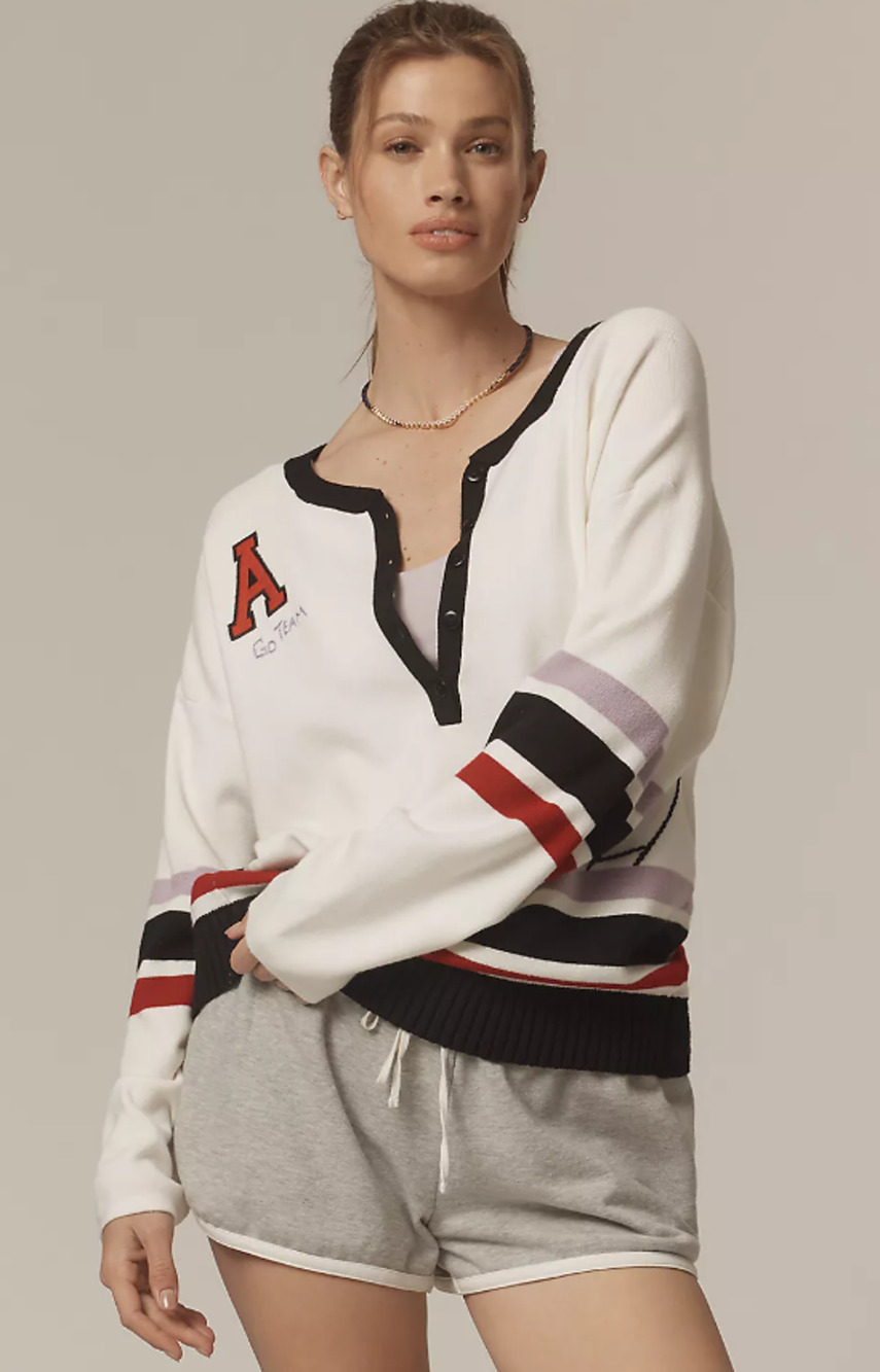 New Anthropologie Go Team Embroidered Henley Top - Large